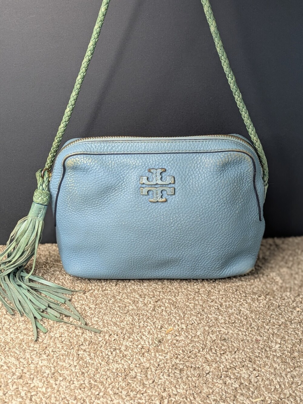 Tory Burch Taylor Crossbody Bag Blue Pebbled Leather Braided Strap Tassel